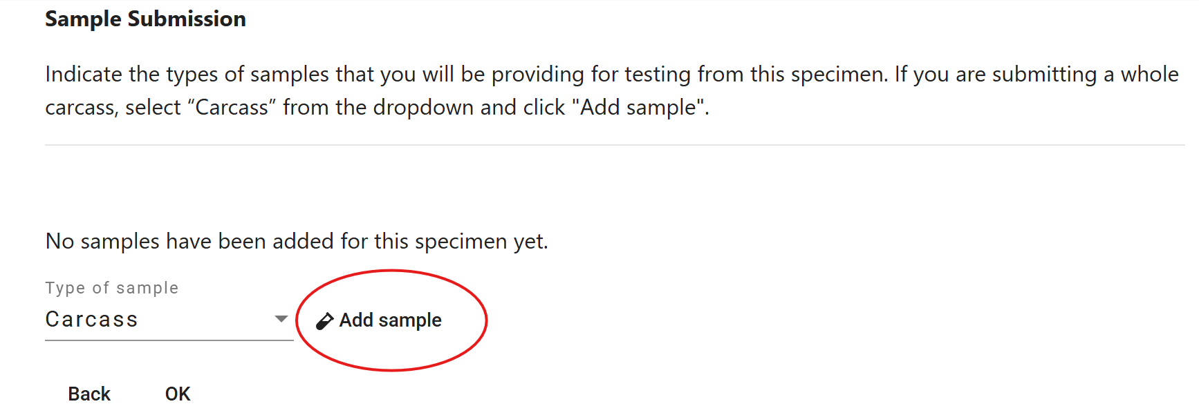 Screenshot of add sample form
