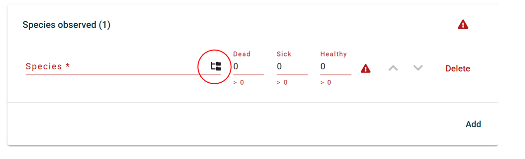 Screenshot of species observed form